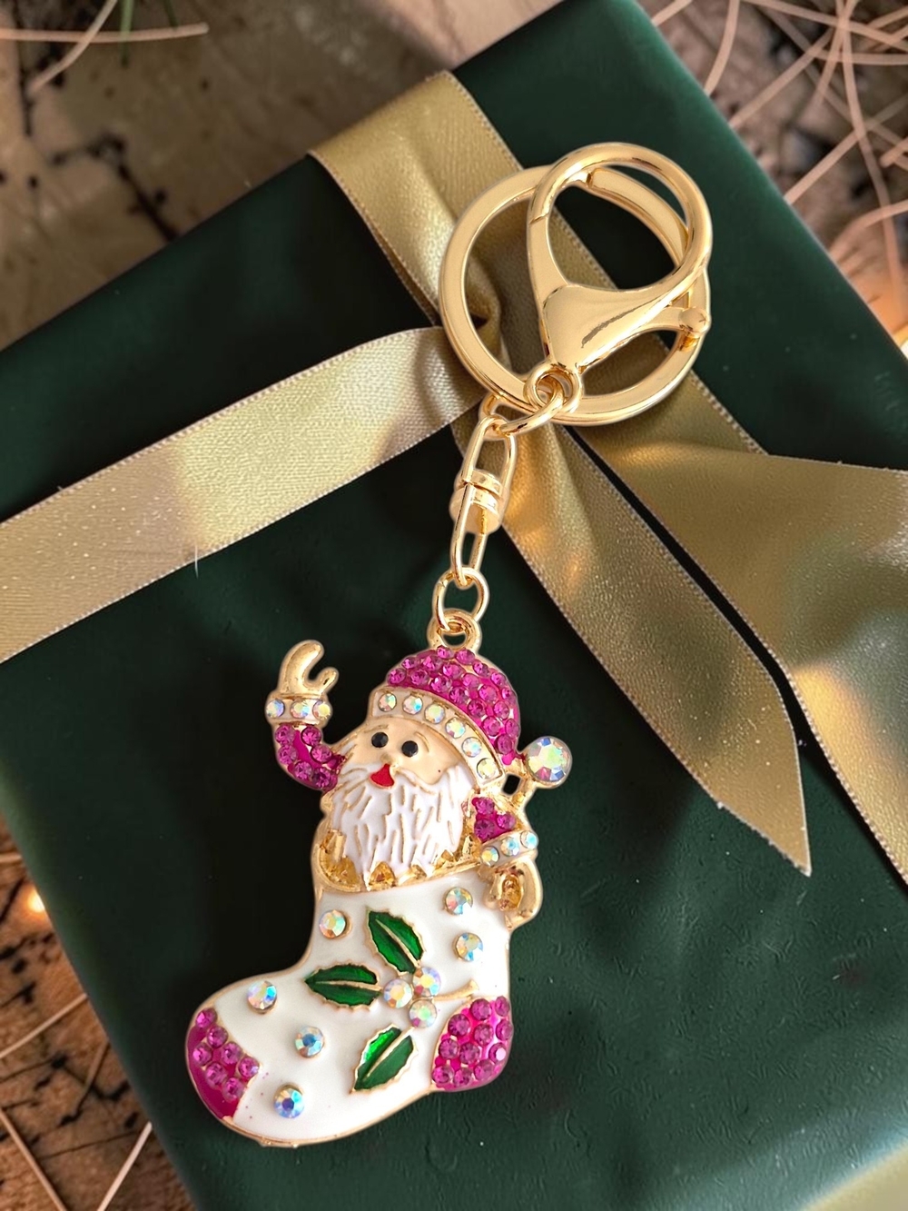 Holiday Santa Pink Stocking Bag Charm / Keychain